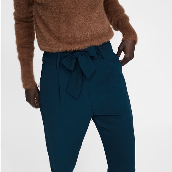 NWT Zara Emerald Aqua Paperbag Waist Skinny Pants - Picture 3 of 8